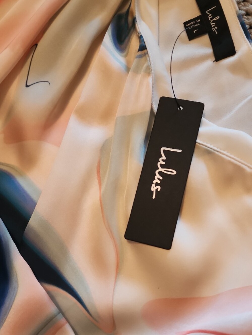 Lulu's One-Shoulder Marble Print Midi Dress in Coral, Blue, Cream - Picture 6 of 7